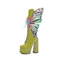 Chunky Heels Round Toe Lace Up Butterfly Wings Platforms Boots with Zipper - Green