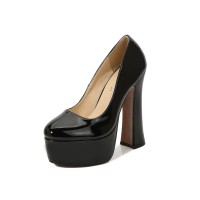 Round Toe Chunky Heels Platforms Patent Pumps - Black