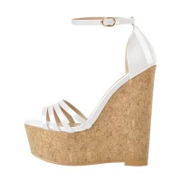 Peep Toe Ankle Buckle Straps Platforms Wedges Sandals - White