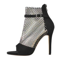 Peep Toe Stiletto Heels Back Zipper Rhinestones Mesh Ankle Buckle Straps Sandals - Black