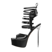 Peep Toe Transparent Stiletto Heels Ankle Buckle Straps Lace Up Platforms Sandals - Black