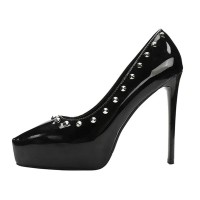 Pointed Toe Low Platforms Stiletto Heels Rivet Decorated Pumps - Black