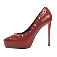 Pointed Toe Low Platforms Stiletto Heels Rivet Decorated Pumps - Red