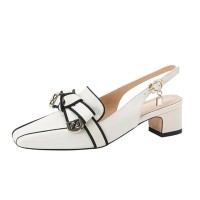 Square Toe Chunky Heels Slingback French Retro Sandals - Beige