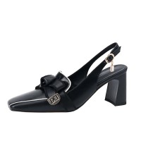 Square Toe Chunky Heels Slingback French Retro Sandals - Black