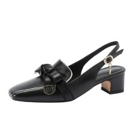 Square Toe Chunky Heels Slingback French Retro Sandals - Black