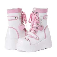 Round Toe Lace Up Platforms Ankle Highs Wedges Punk Boots - Pink Faux Leather
