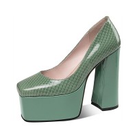 Square Toe Chunky Heels Platforms Serpentine Pumps - Green