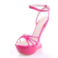 Peep Toe Ankle Buckle Straps Heelles Platforms Sandals - Pink Patent