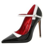 Pointed Toe Stiletto Heels French Maid Mary Janes Patent Pumps - Black