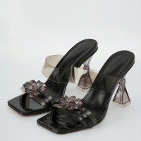 Peep Toe PVC Transparent Spike Heels Crystal Flower Sandals Slippers - Black