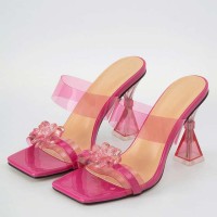 Peep Toe PVC Transparent Spike Heels Crystal Flower Sandals Slippers - Pink