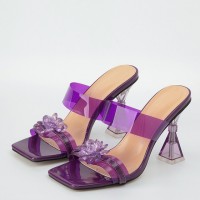 Peep Toe PVC Transparent Spike Heels Crystal Flower Sandals Slippers - Purple