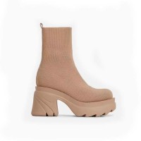 Chunky Heel Platform Ankle Fabric Socks Boots - Beige