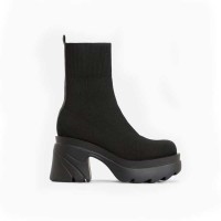 Chunky Heel Platform Ankle Fabric Socks Boots - Black