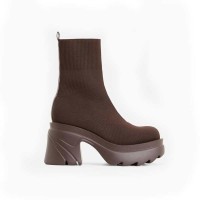 Chunky Heel Platform Ankle Fabric Socks Boots - Brown