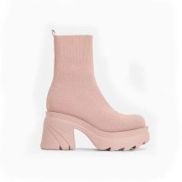 Chunky Heel Platform Ankle Fabric Socks Boots - Pink