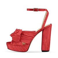 Peep Toe Chunky Heels Bow Knot Low Platforms Summer Sandals - Red Fabric