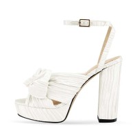 Peep Toe Chunky Heels Bow Knot Low Platforms Summer Sandals - White Fabric