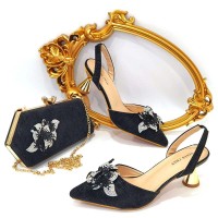 Peep Toe Rhinestones Glitters Cube Heels Slingback Sandals Pumps with Bag  - Multicolor Synthetic