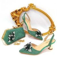 Peep Toe Rhinestones Glitters Cube Heels Slingback Sandals Pumps with Bag  - Green Synthetic