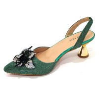 Peep Toe Rhinestones Glitters Cube Heels Slingback Sandals Pumps  - Black Synthetic