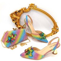 Peep Toe Rhinestones Glitters Cube Heels Slingback Sandals Pumps with Bag  - Multicolor Synthetic