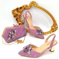 Peep Toe Rhinestones Glitters Cube Heels Slingback Sandals Pumps with Bag  - Pink Synthetic