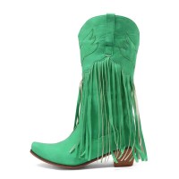Pointed Toe Knee High Chunky Heels Western Style Tassel Cowboy Boots - Green Flock
