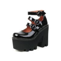 Chunky Heels Round Toe Ankle Buckle Straps Mary Janes Platforms Pumps - Black