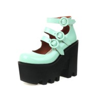 Chunky Heels Round Toe Ankle Buckle Straps Mary Janes Platforms Pumps - Green