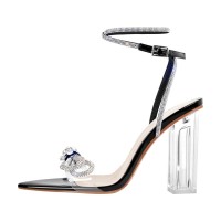 Pointed Open Toe Rhinestone Bow Clear Transparent Chunky Heels Ankle Straps Sandals - Black Patent