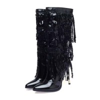 Pointed Toe Stiletto Heels Knee Highs Rhinestone Fringed Boots - Black Patent