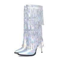 Pointed Toe Stiletto Heels Knee Highs Rhinestone Fringed Boots - Silver Patent
