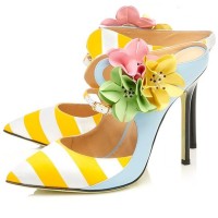 Stiletto Heels Pointed Toe Flowers Colorful Buckle Straps Pumps Sandals - Yellow