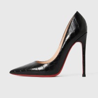 Pointed Toe 5 inches Stiletto Heels Leather Crocodile Embossed Classic Pumps - Black