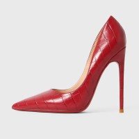 Pointed Toe 5 inches Stiletto Heels Leather Crocodile Embossed Classic Pumps - Red