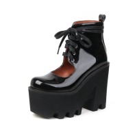 Chunky Heels Round Toe Lace Up Platforms Pumps - Black