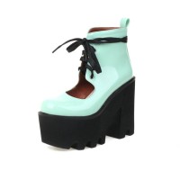 Chunky Heels Round Toe Lace Up Platforms Pumps - Green