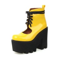Chunky Heels Round Toe Lace Up Platforms Pumps - Yellow