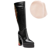 Pointed Toe Chunky Heels Platforms Flame Printed Knee High Side Zipper Boots - Black