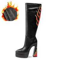 Pointed Toe Chunky Heels Platforms Flame Printed Knee High Side Zipper Short Plush Boots - Black