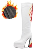 Pointed Toe Chunky Heels Platforms Flame Printed Knee High Side Zipper Short Plush Boots - White