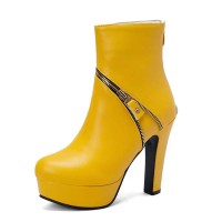 Round Toe Metal Link Decoration Platforms Ankle Highs Block Heels Boots - Yellow Faux Leather