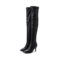 Pointed Toe Stiletto Heels Snake Pattern Over Knee Booties with Side Zipper - Black
