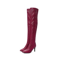 Pointed Toe Stiletto Heels Snake Pattern Over Knee Booties with Side Zipper - Red