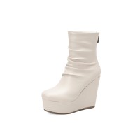 Round Toe Wedges Heels Platforms Ankle Booties with Back Zipper - Beige