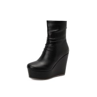 Round Toe Wedges Heels Platforms Ankle Booties with Back Zipper - Black
