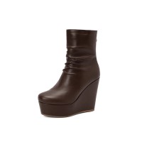 Round Toe Wedges Heels Platforms Ankle Booties with Back Zipper - Brown