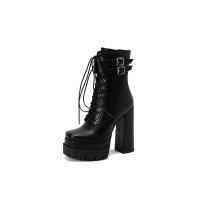 Round Toe Chunky Heels Side Zipper Platforms Ankle Straps LaceUp Boots - Black
